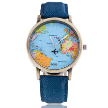 Load image into Gallery viewer, New Global Travel By Plane Map Women Dress Watch Denim Fabric Band