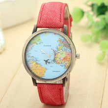 Load image into Gallery viewer, New Global Travel By Plane Map Women Dress Watch Denim Fabric Band