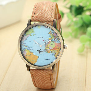 New Global Travel By Plane Map Women Dress Watch Denim Fabric Band