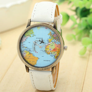 New Global Travel By Plane Map Women Dress Watch Denim Fabric Band