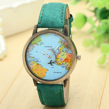 Load image into Gallery viewer, New Global Travel By Plane Map Women Dress Watch Denim Fabric Band